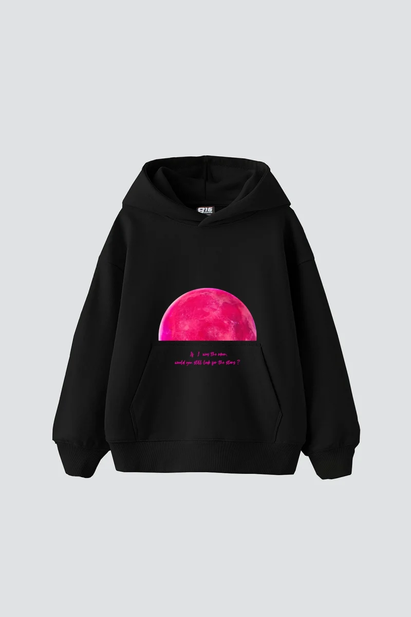 Half Moon Baskılı Oversize Unisex Siyah Hoodie