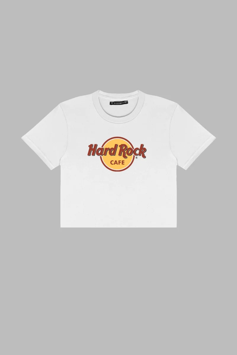 Hard Rock Baskılı Beyaz Crop Top
