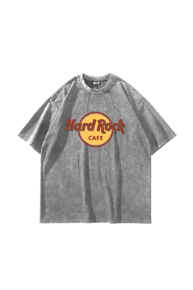 Hard Rock Baskılı Oversize Unisex Yıkamalı Beyaz Tshirt