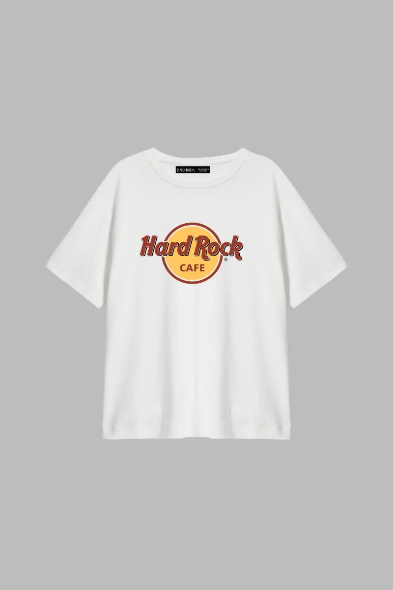 Hard Rock Baskılı Relaxed Fit Beyaz Kadın Tshirt