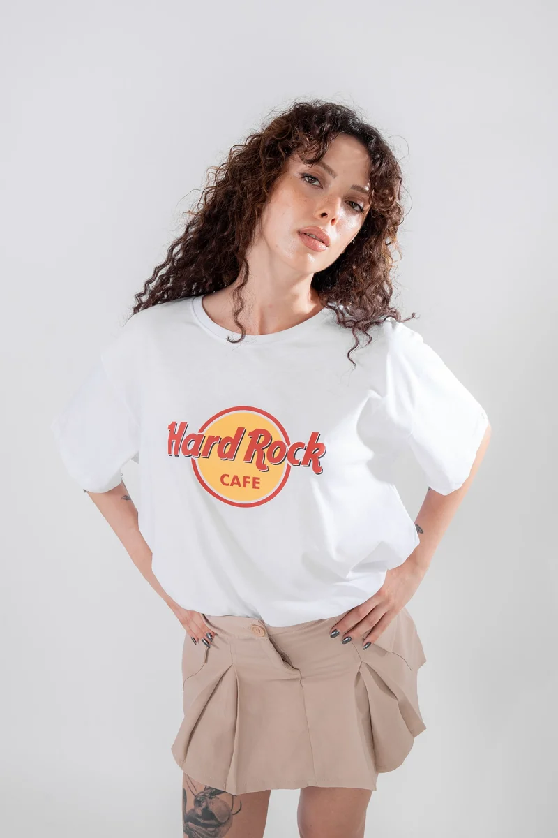 Hard Rock Baskılı Relaxed Fit Beyaz Kadın Tshirt