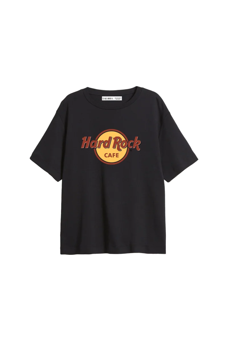 Hard Rock Baskılı Relaxed Fit Siyah Kadın Tshirt
