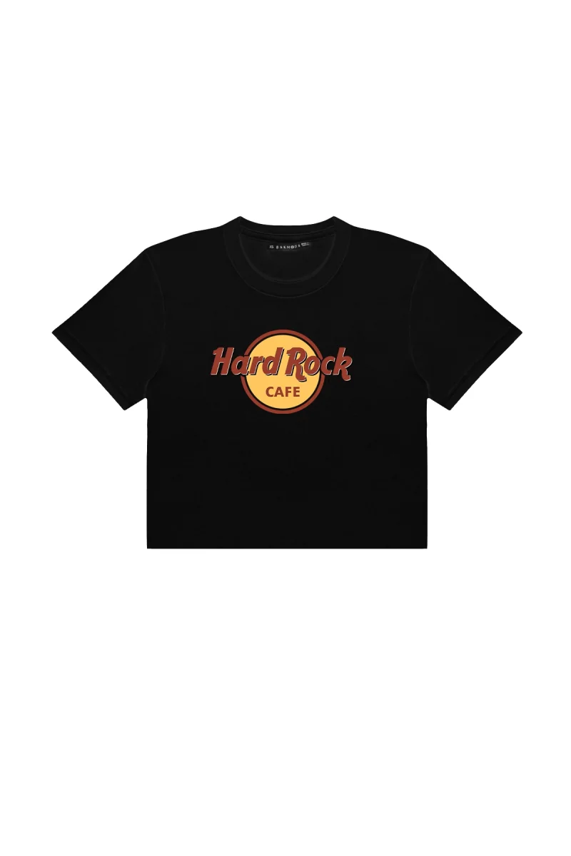 Hard Rock Baskılı Siyah Crop Top