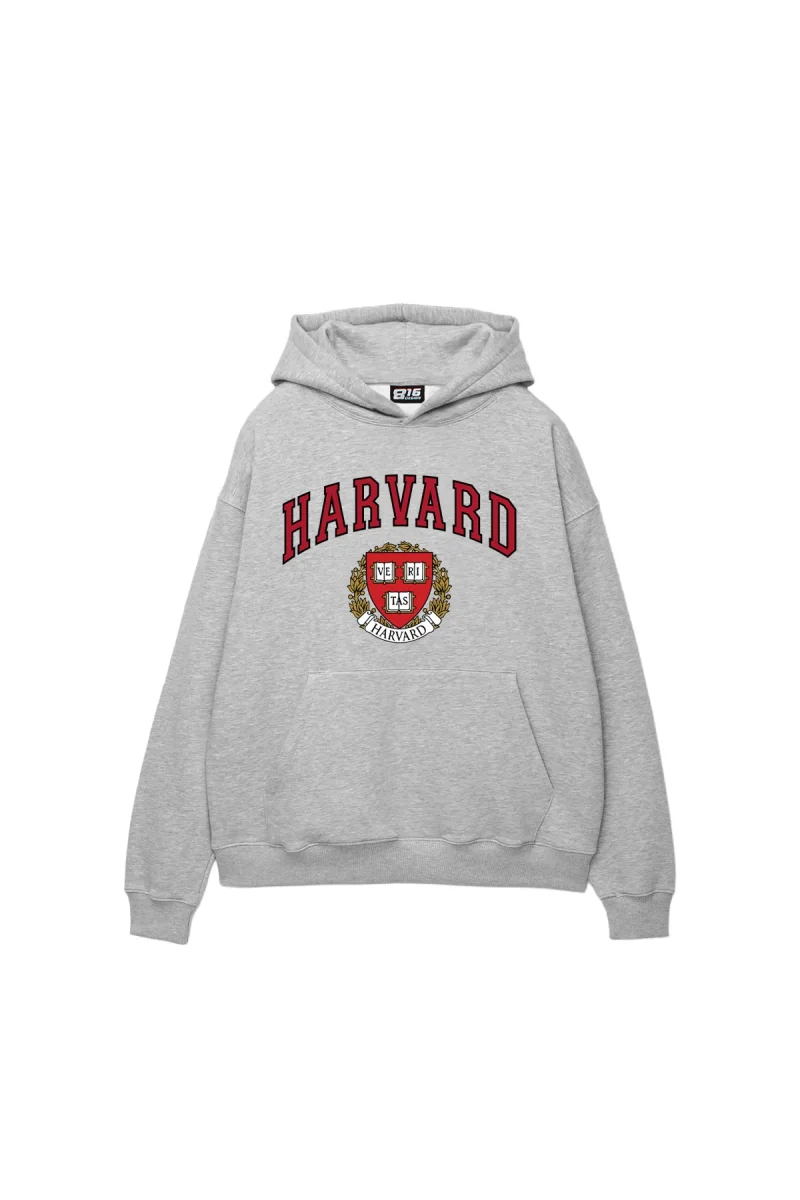Harvard Baskılı Oversize Unisex Açık Gri Hoodie