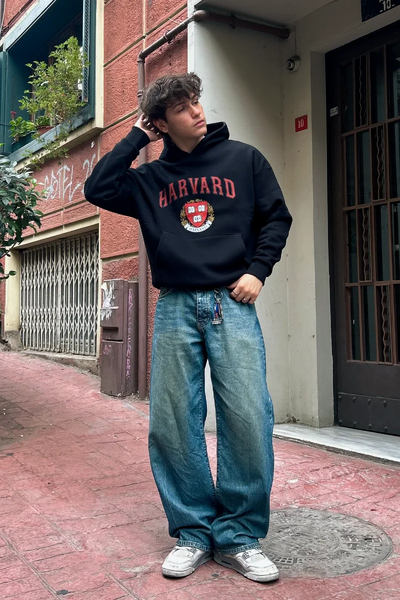 Harvard Baskılı Oversize Unisex Siyah Hoodie