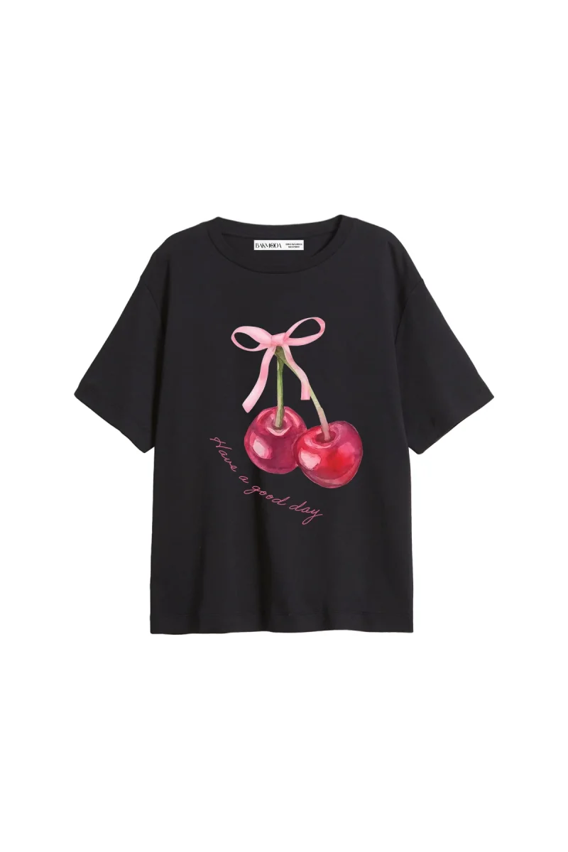 Have a Good Day Baskılı Relaxed Fit Siyah Kadın Tshirt