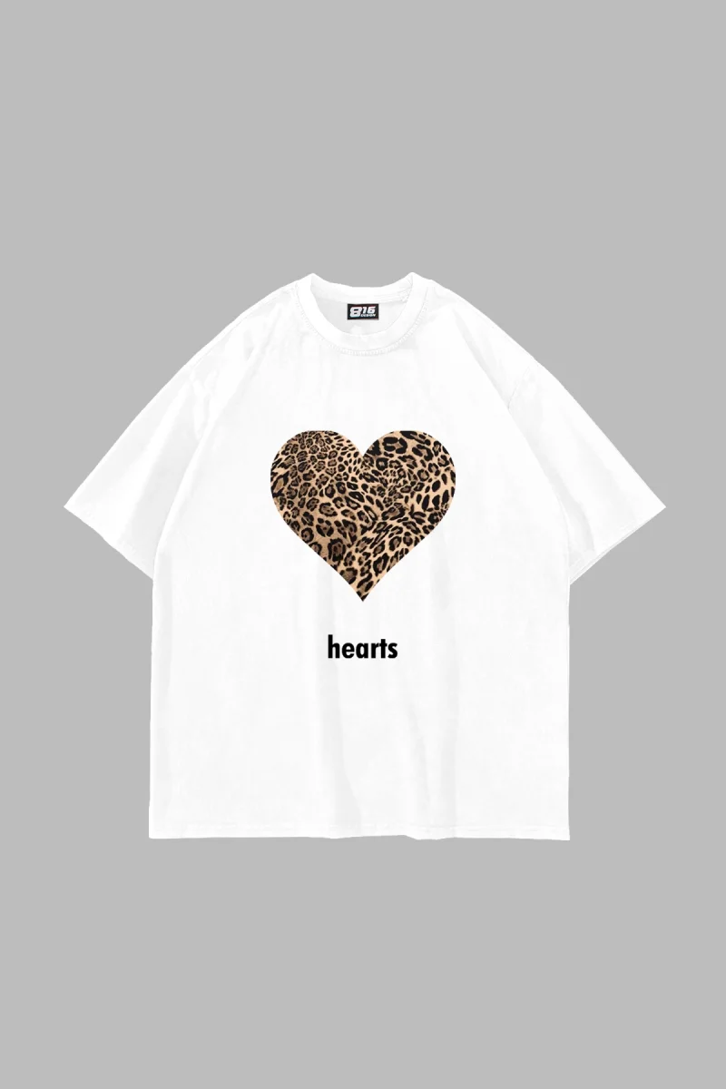 Hearts Leopar Baskılı Oversize Unisex Premium Beyaz Tshirt