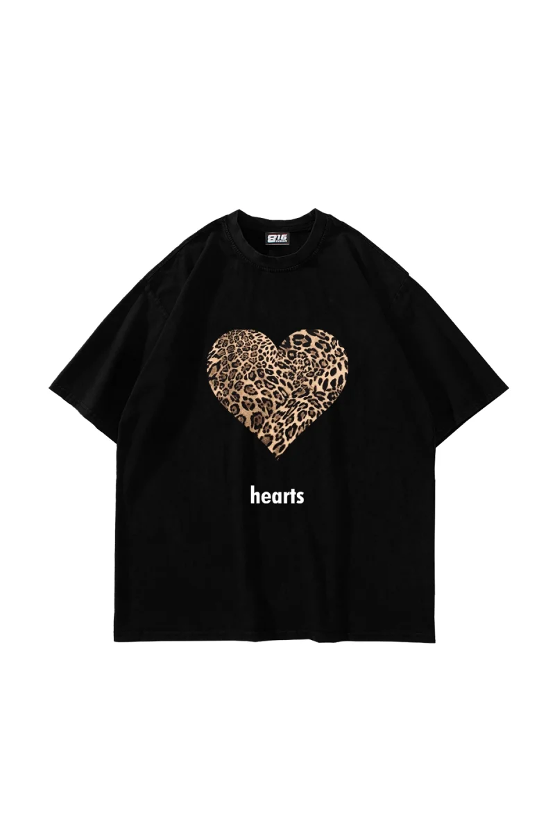 Hearts Leopar Baskılı Oversize Unisex Premium Siyah Tshirt