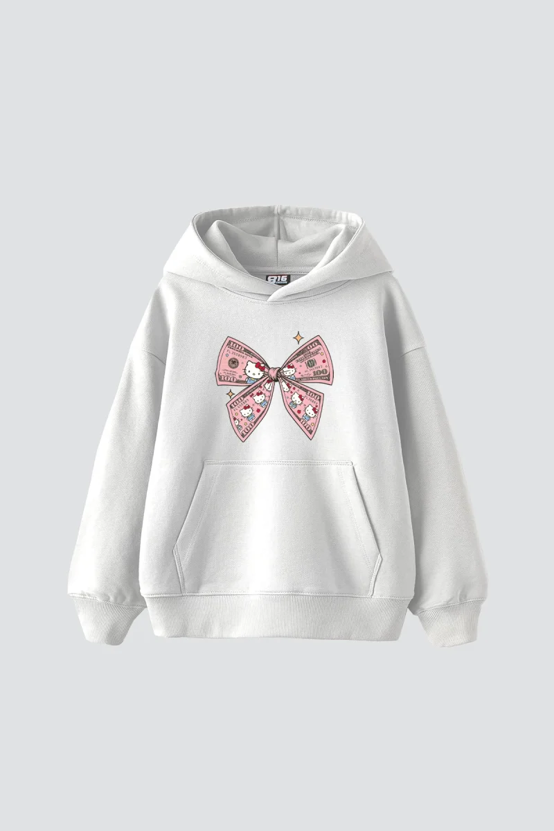 Hello Kitty Fiyonk Baskılı Oversize Unisex Beyaz Hoodie
