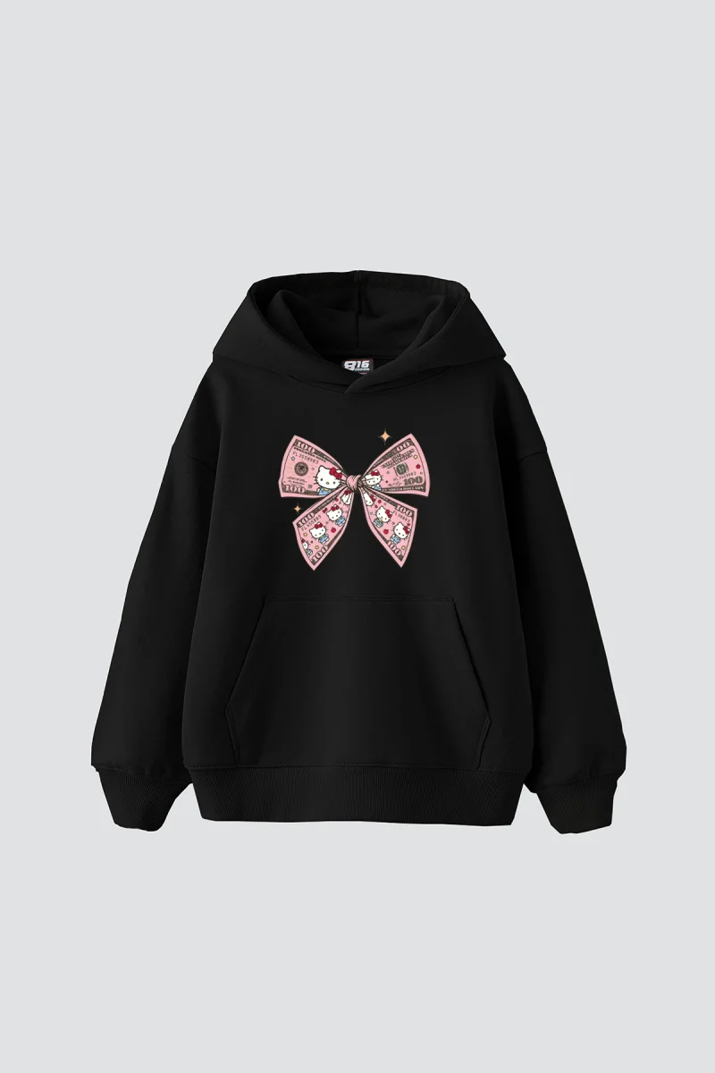 Hello Kitty Fiyonk Baskılı Oversize Unisex Siyah Hoodie