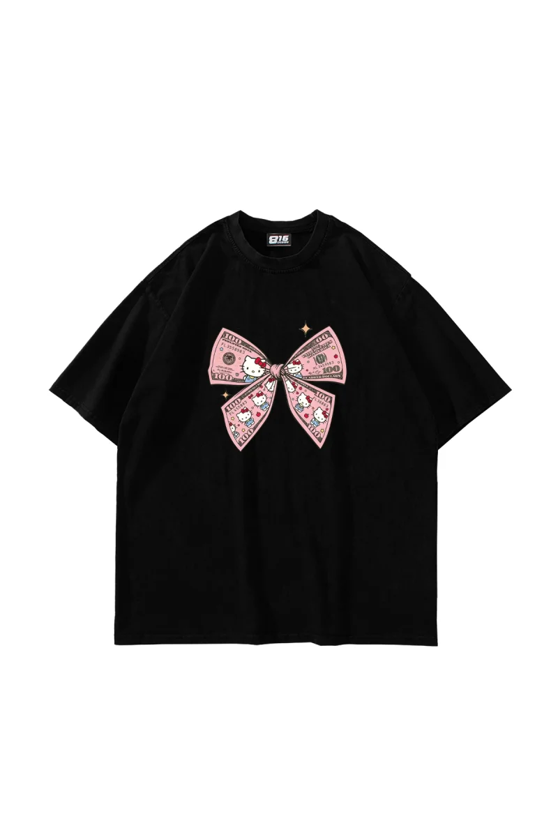 Hello Kitty Fiyonk Baskılı Oversize Unisex Siyah Tshirt