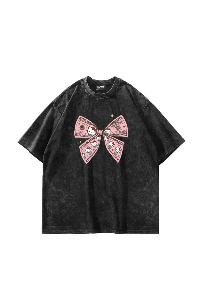Hello Kitty Fiyonk Baskılı Oversize Unisex Yıkamalı Siyah Tshirt