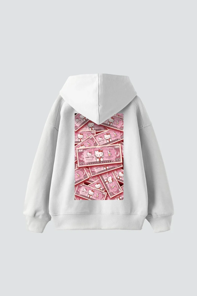 Hello Kitty Money Baskılı Oversize Unisex Beyaz Hoodie