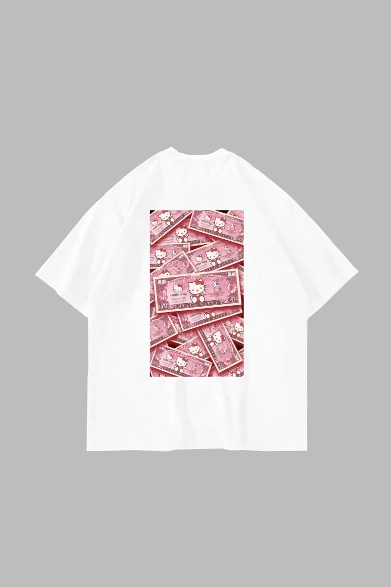 Hello Kitty Money Baskılı Oversize Unisex Beyaz Tshirt