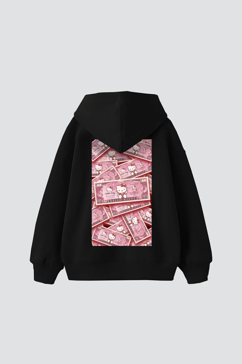 Hello Kitty Money Baskılı Oversize Unisex Siyah Hoodie
