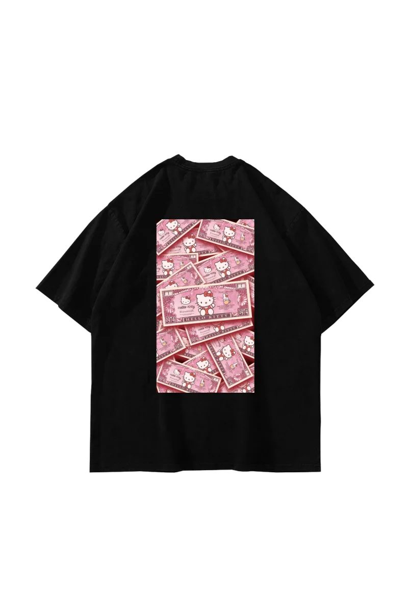 Hello Kitty Money Baskılı Oversize Unisex Siyah Tshirt