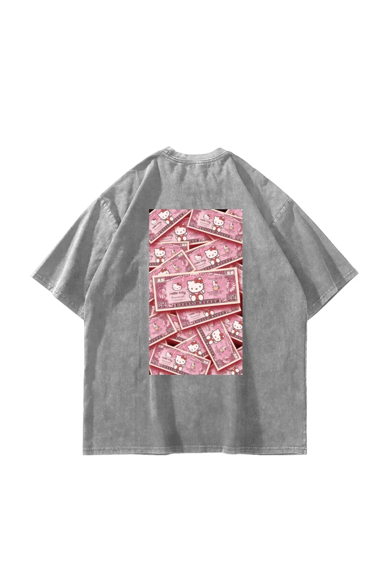 Hello Kitty Money Baskılı Oversize Unisex Yıkamalı Beyaz Tshirt