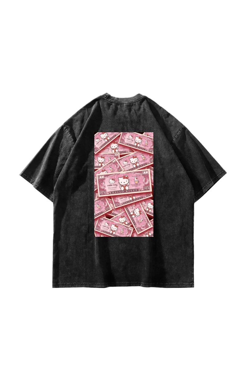 Hello Kitty Money Baskılı Oversize Unisex Yıkamalı Siyah Tshirt