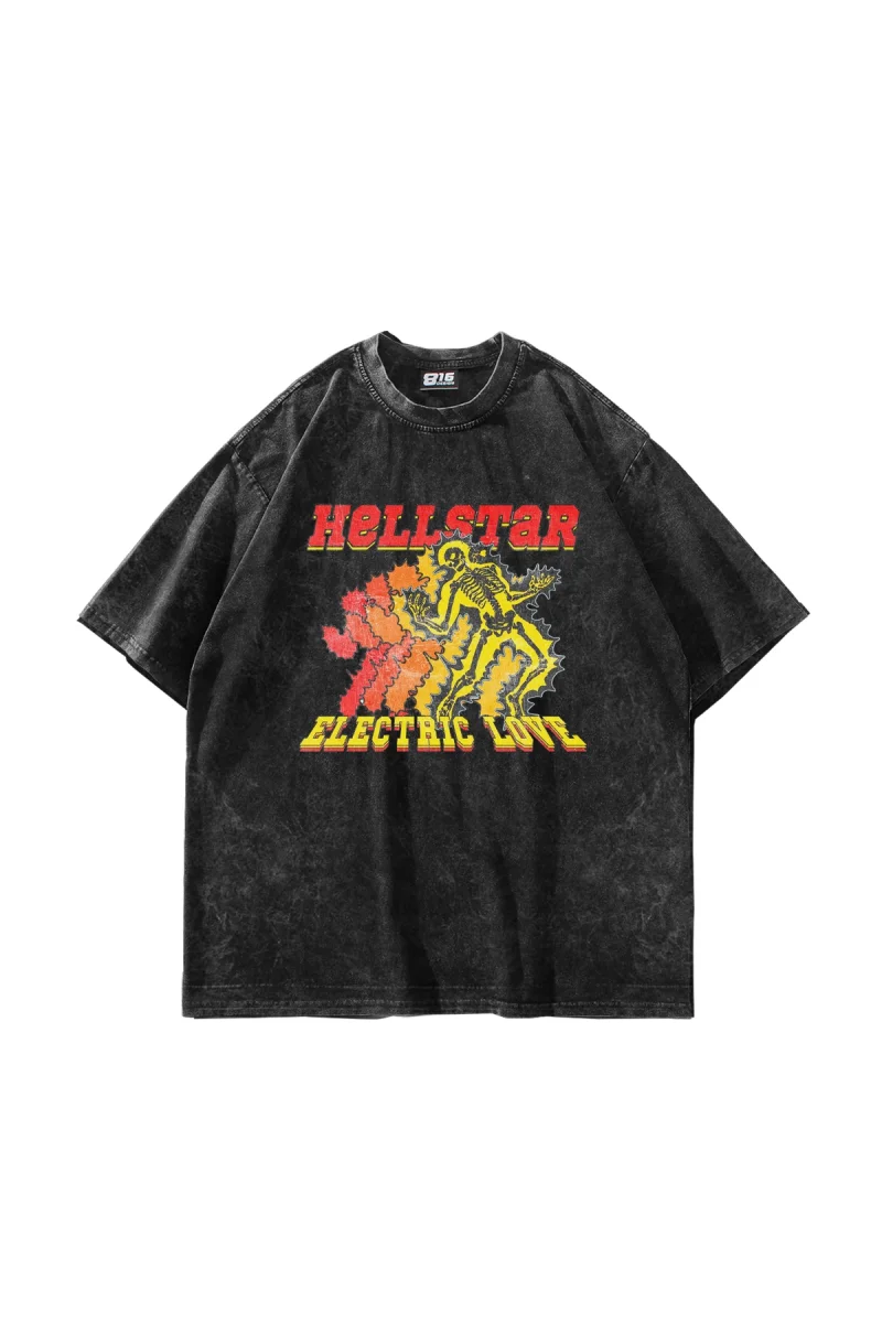 Hellstar Baskılı Yıkamalı Siyah Oversize Tshirt