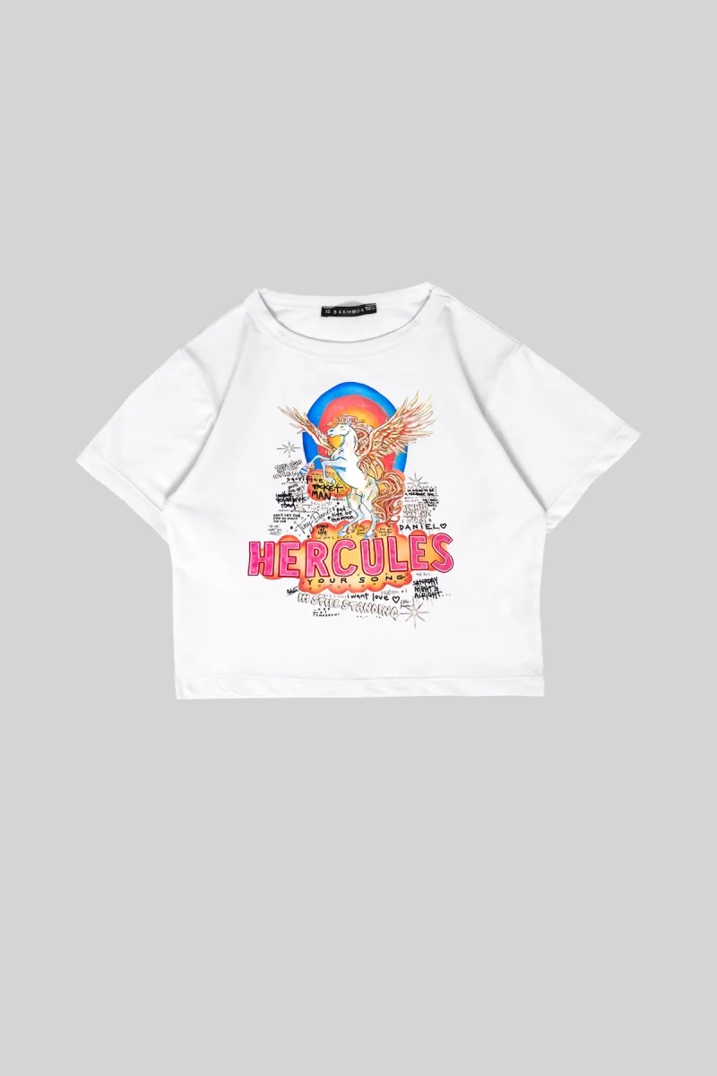 Hercules Baskılı Beyaz Crop Top