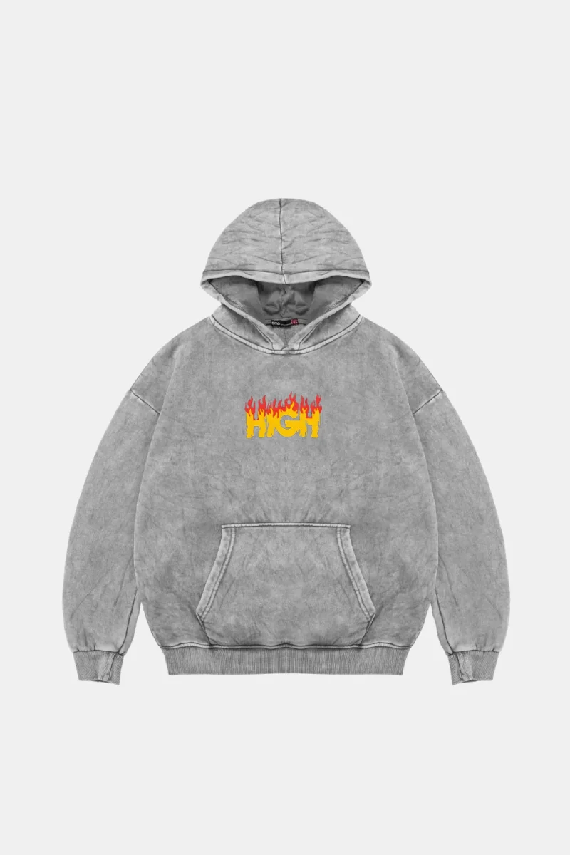 High Baskılı Oversize Unisex Premium Yıkamalı Beyaz Hoodie