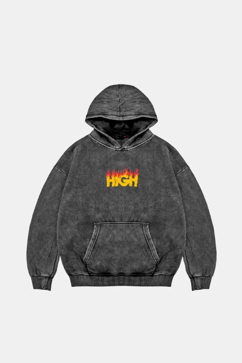 High Baskılı Oversize Unisex Premium Yıkamalı Siyah Hoodie