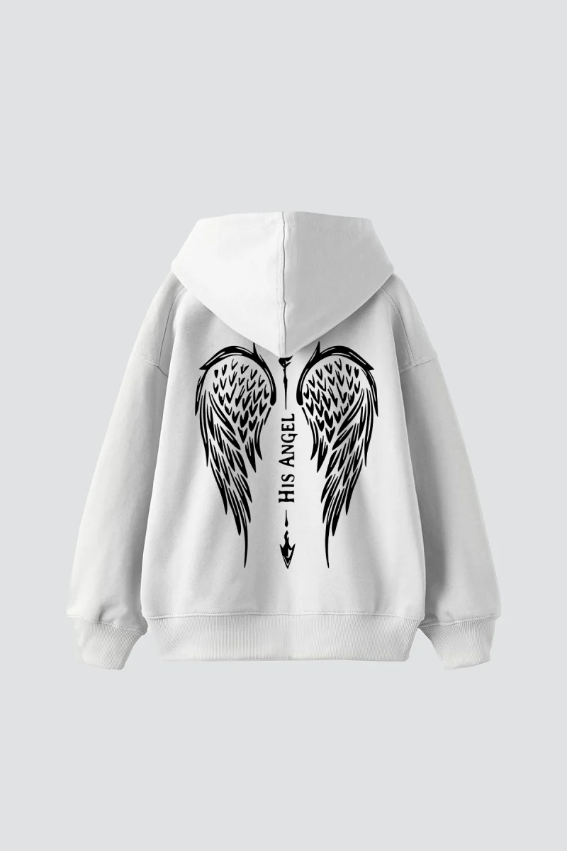 Hıs Angel Baskılı Oversize Unisex Beyaz Hoodie