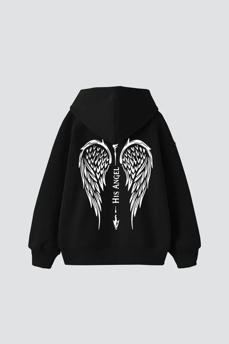 Hıs Angel Baskılı Oversize Unisex Siyah Hoodie