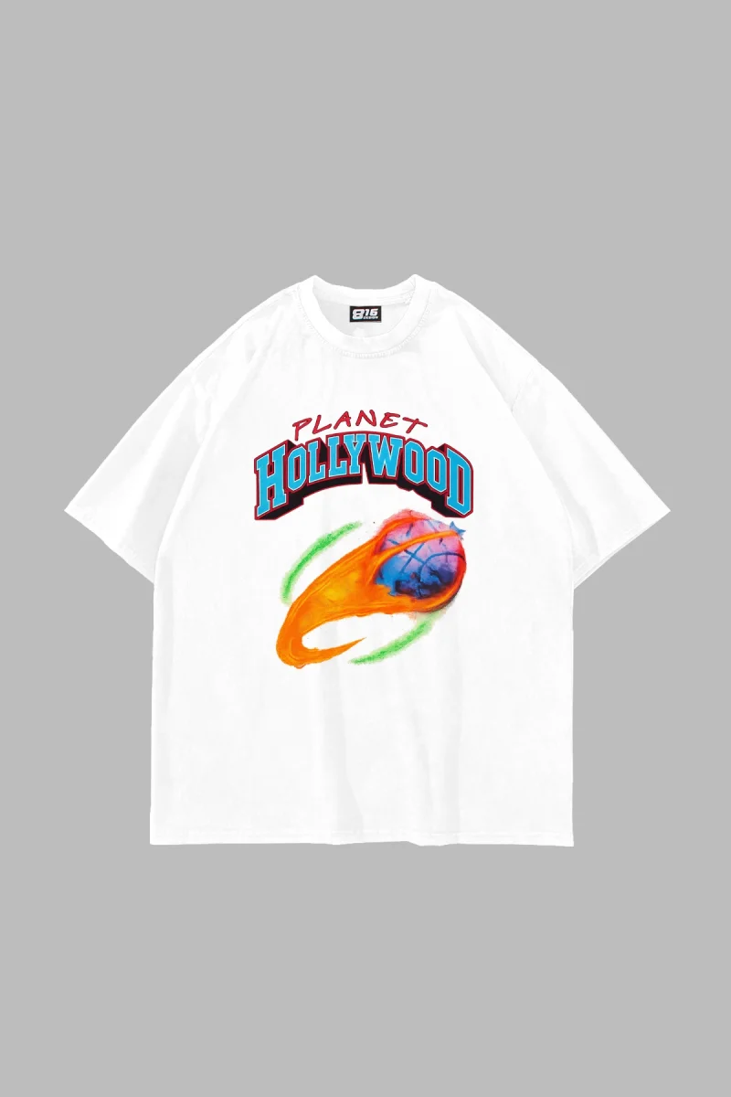 Hollywood Planet Baskılı Oversize Unisex Beyaz Tshirt