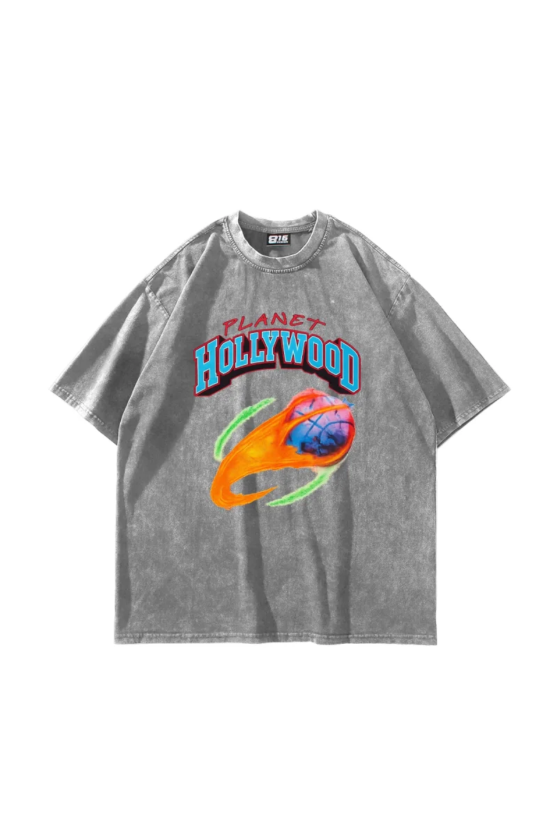 Hollywood Planet Baskılı Oversize Unisex Yıkamalı Beyaz Tshirt