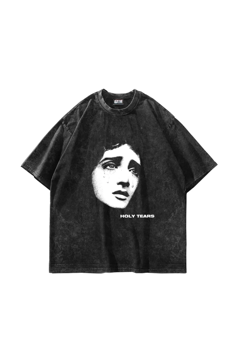 Holy Tears Baskılı Oversize Unisex Yıkamalı Siyah Tshirt