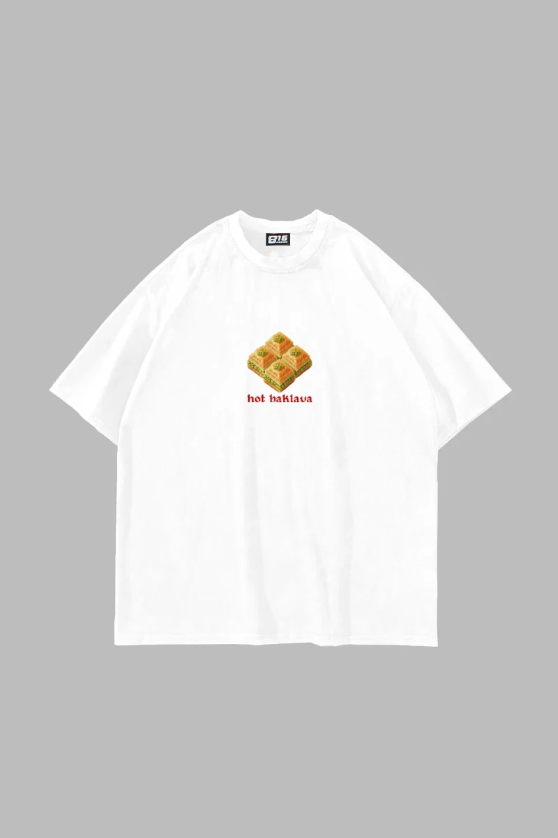 Hot Baklava Baskılı Oversize Unisex Beyaz Tshirt