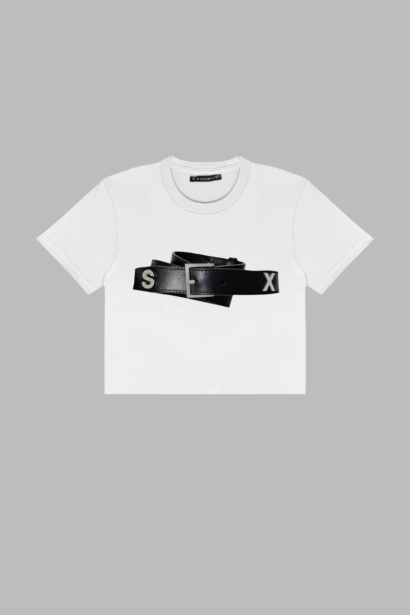 Hot Belt Baskılı Beyaz Crop Top