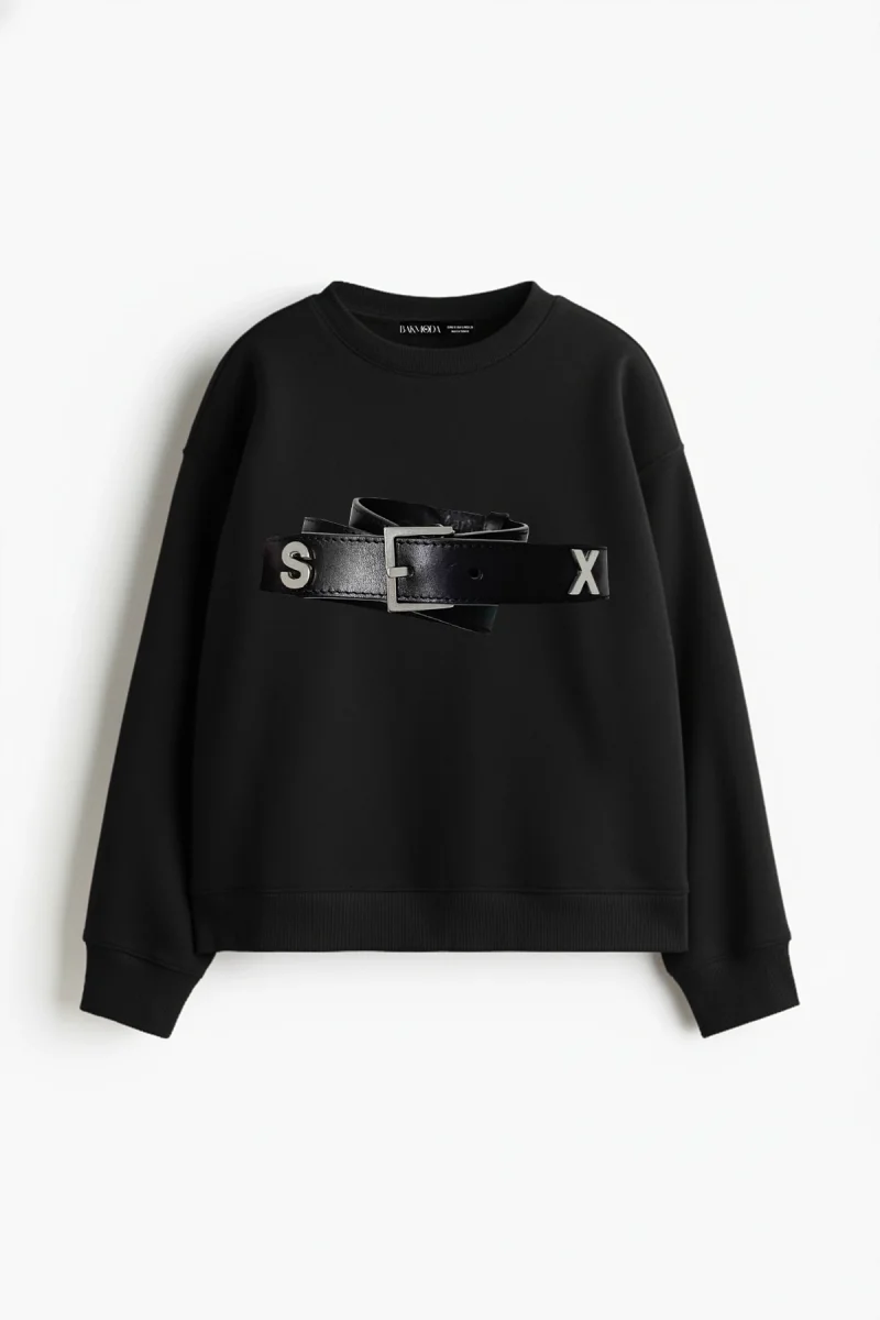 Hot Belt Baskılı Kapüşonsuz Relaxed Fit Kadın Siyah Sweatshirt