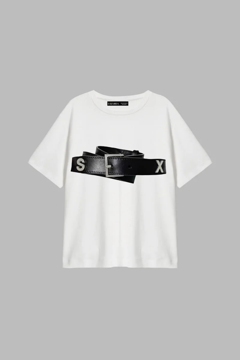 Hot Belt Baskılı Relaxed Fit Beyaz Kadın Tshirt