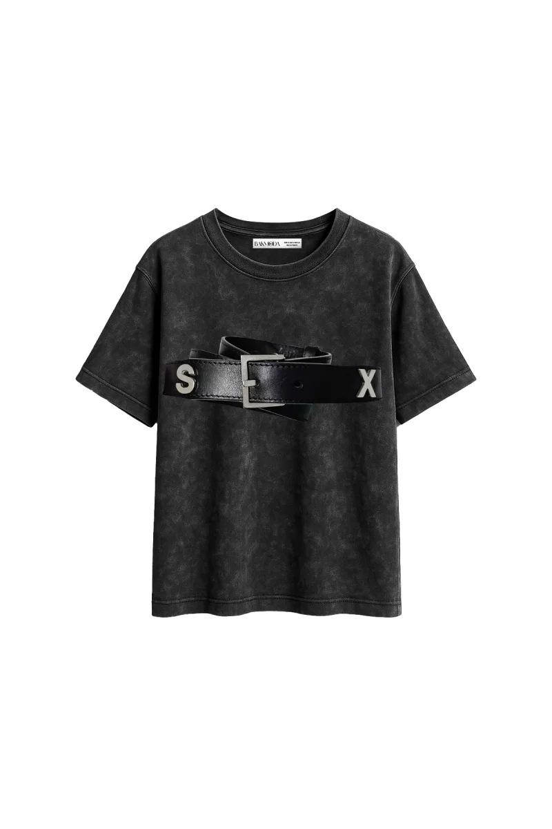 Hot Belt Baskılı Relaxed Fit Yıkamalı Siyah Kadın Tshirt