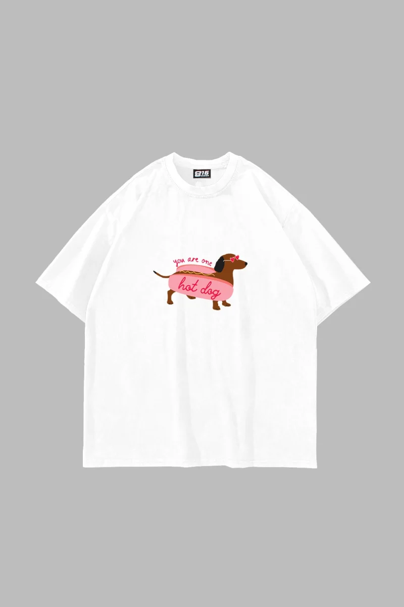 Hot Dog Baskılı Oversize Unisex Beyaz Tshirt