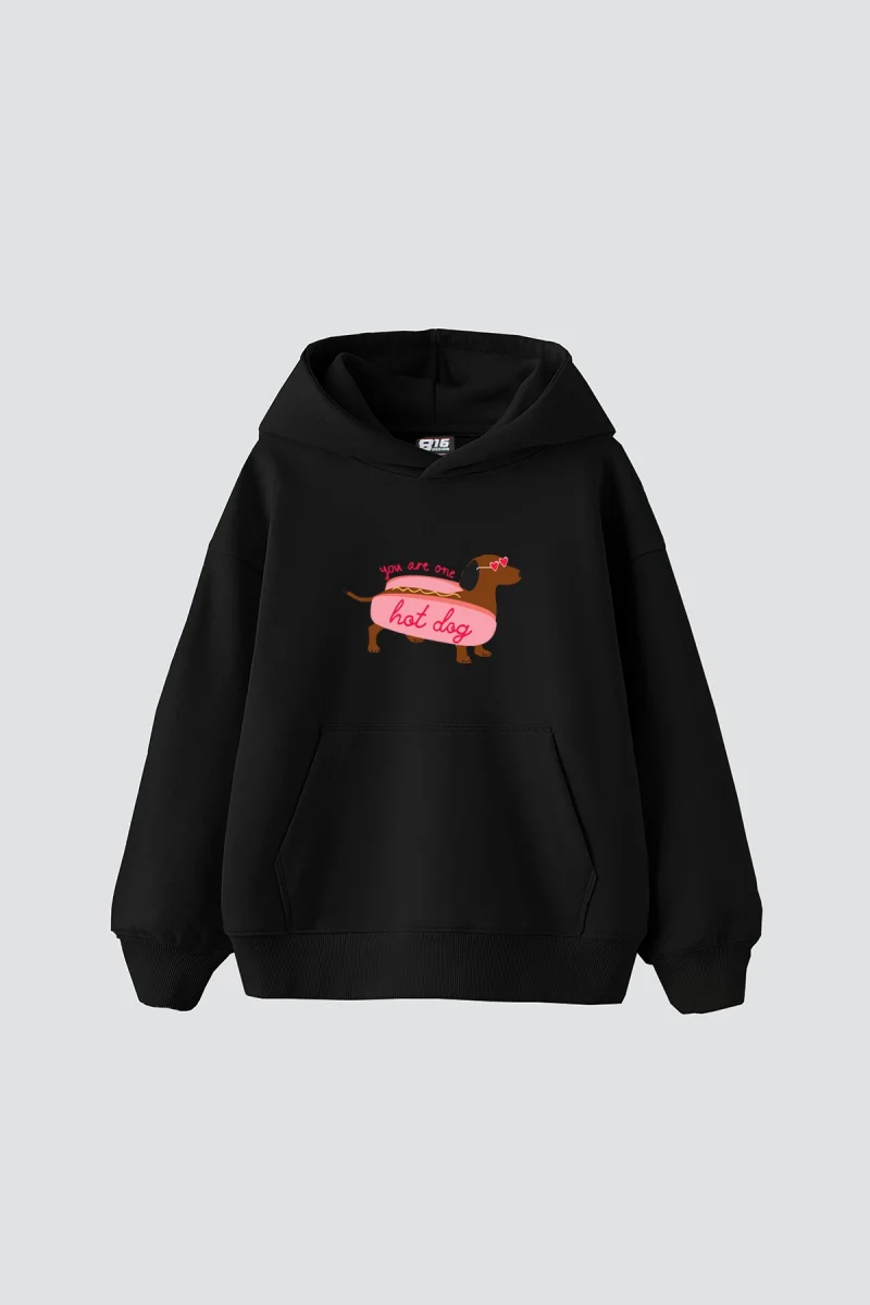 Hot Dog Baskılı Oversize Unisex Siyah Hoodie