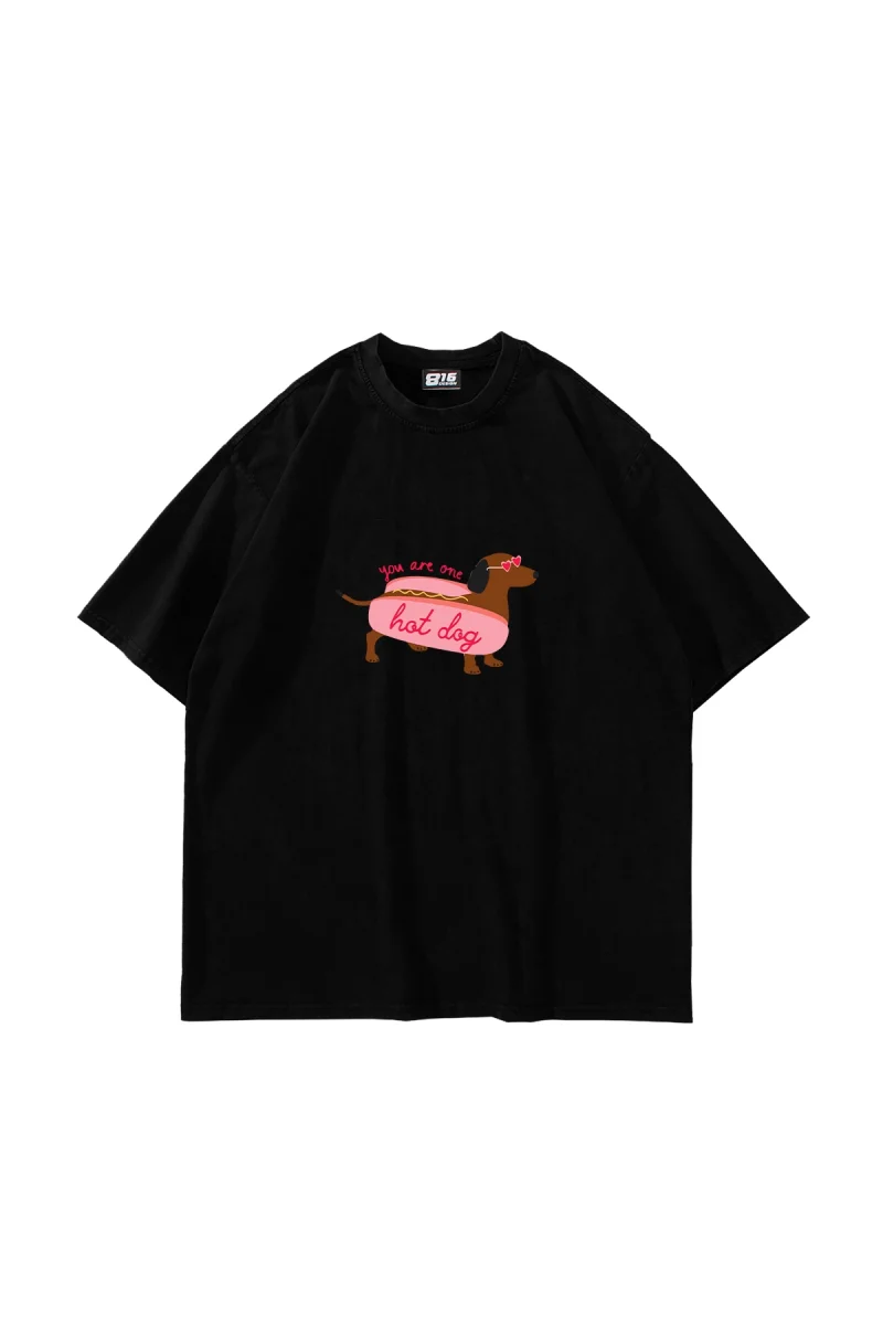 Hot Dog Baskılı Oversize Unisex Siyah Tshirt
