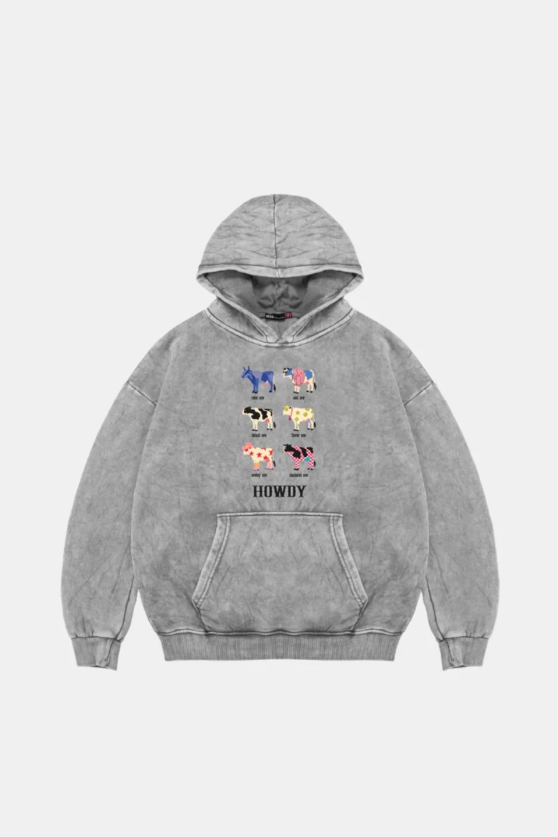 Howdy Cows Baskılı Oversize Unisex Yıkamalı Beyaz Hoodie