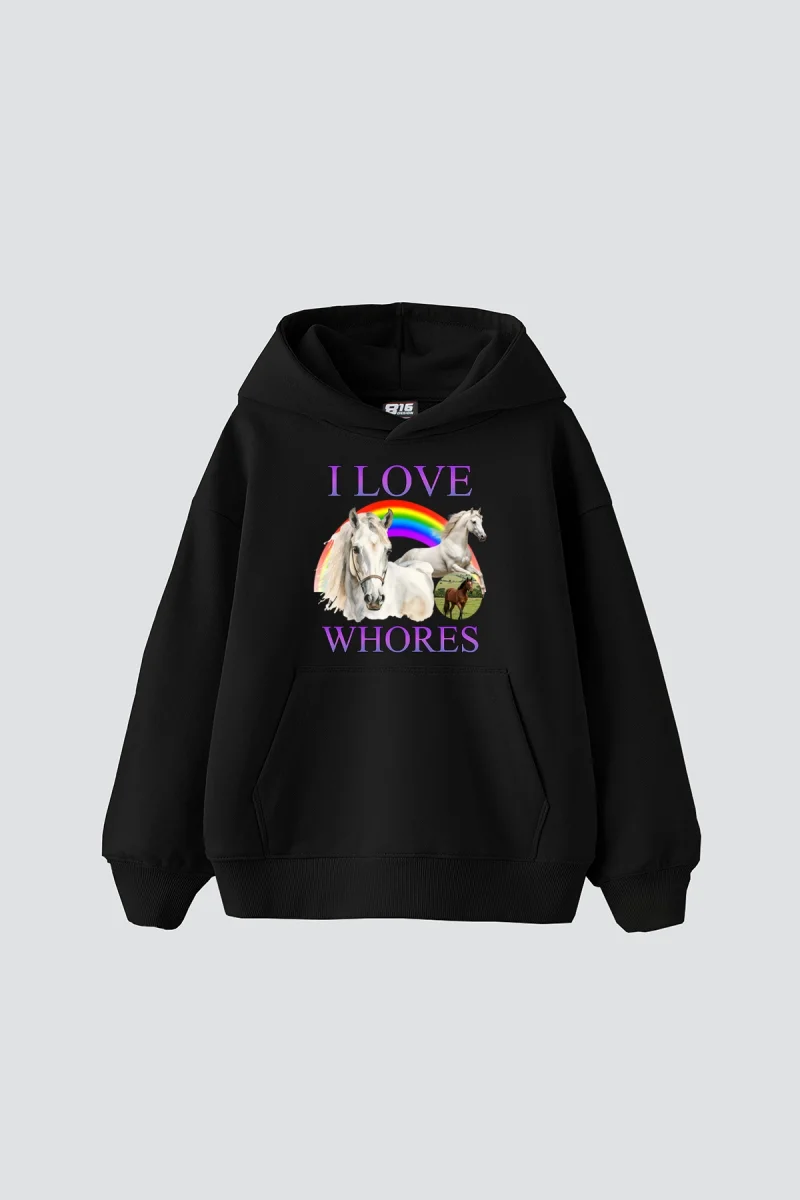 I Love Whores Baskılı Oversize Unisex Siyah Hoodie