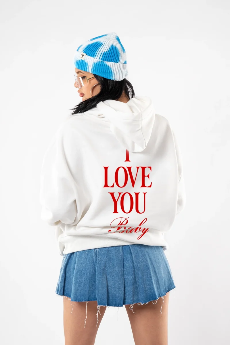 I Love You Baby Baskılı Oversize Unisex Beyaz Hoodie