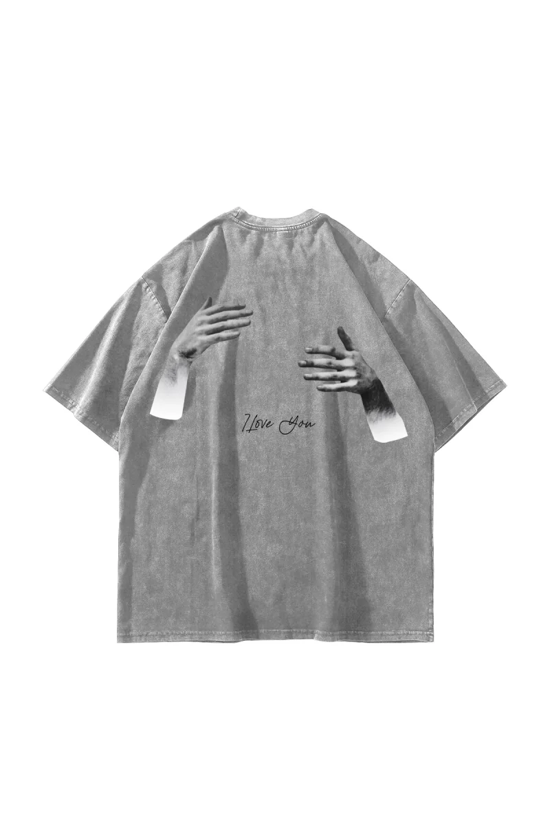 I Love You Baskılı Oversize Unisex Yıkamalı Beyaz Tshirt