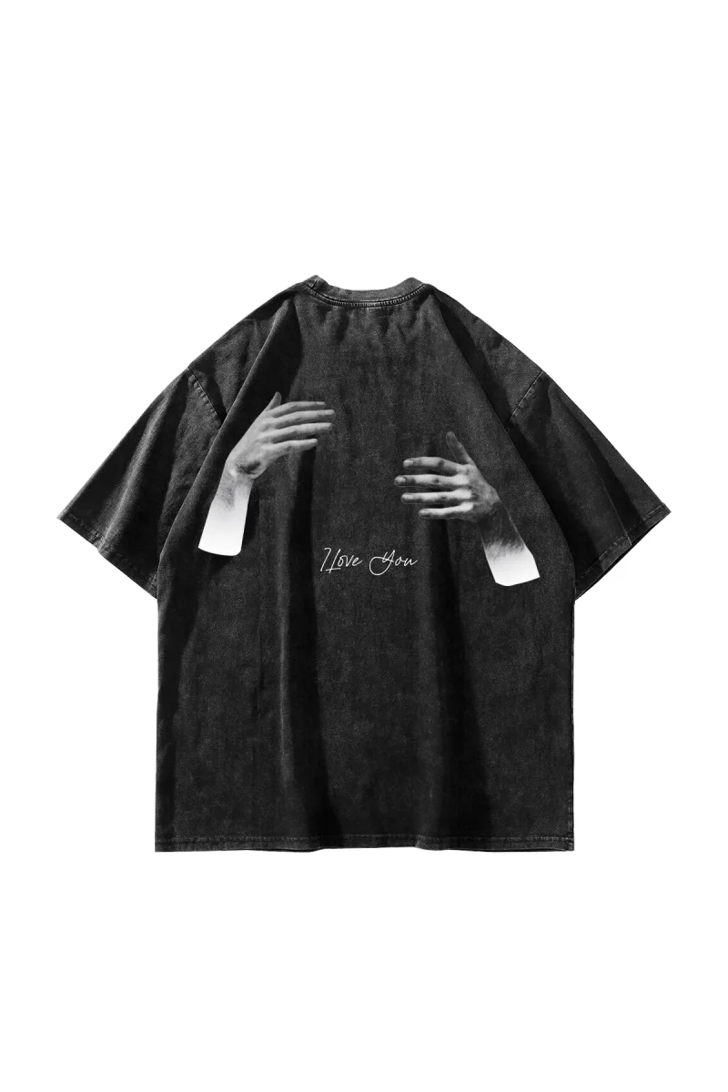 I Love You Baskılı Oversize Unisex Yıkamalı Siyah Tshirt