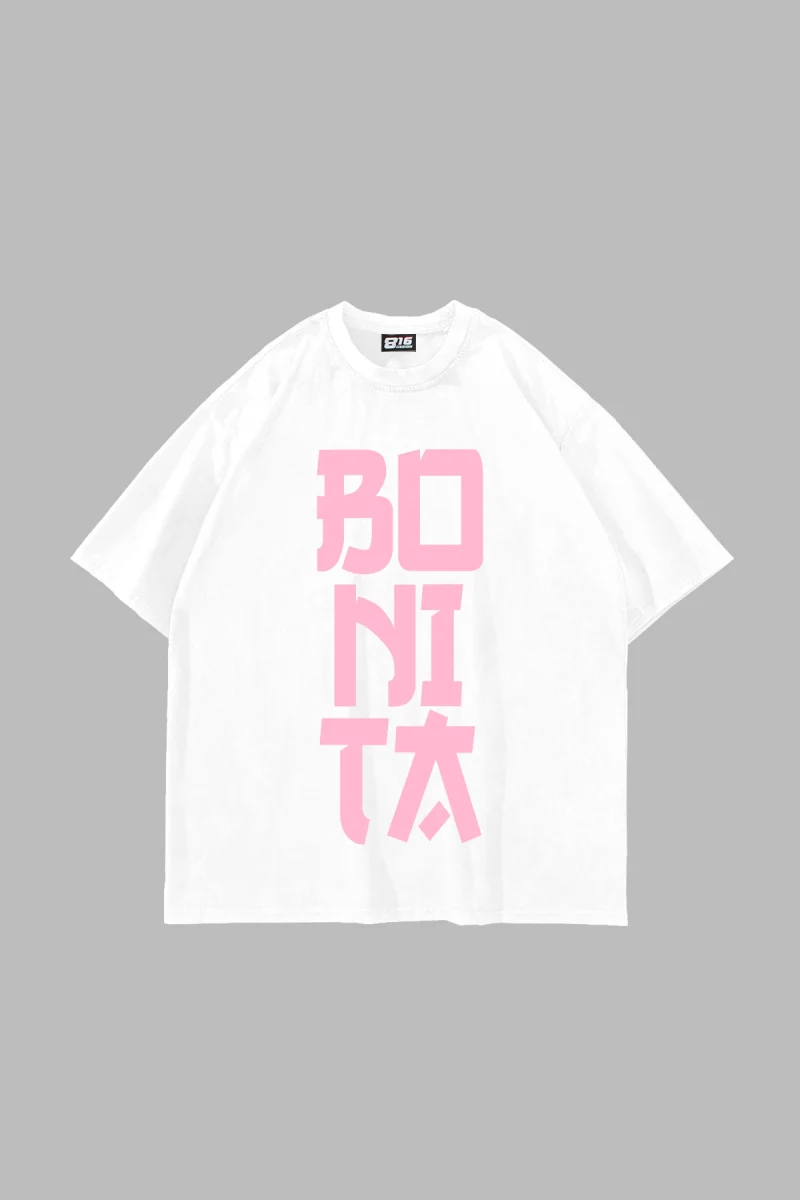 Bonita Pink Pembe Yazılı Beyaz Oversize Tshirt