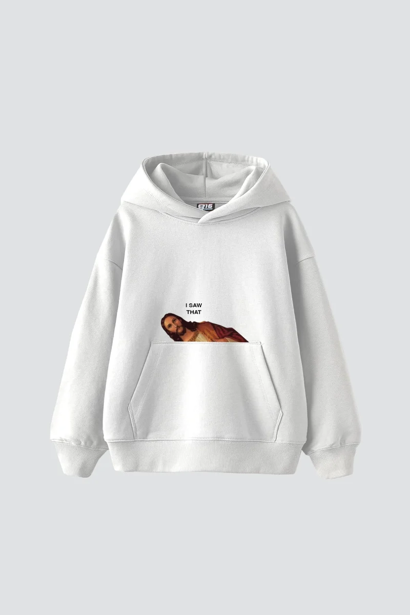 I Saw That Jesus Baskılı Oversize Unisex Beyaz Hoodie
