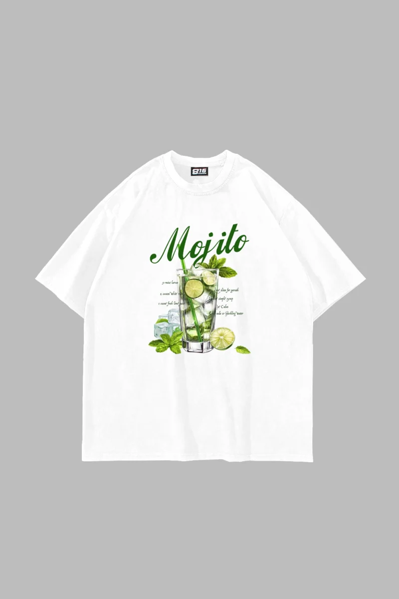 Iced Mojito Baskılı Oversize Unisex Beyaz Tshirt