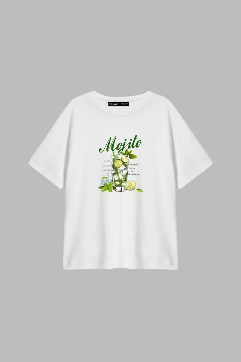 Iced Mojito Baskılı Relaxed Fit Beyaz Kadın Tshirt