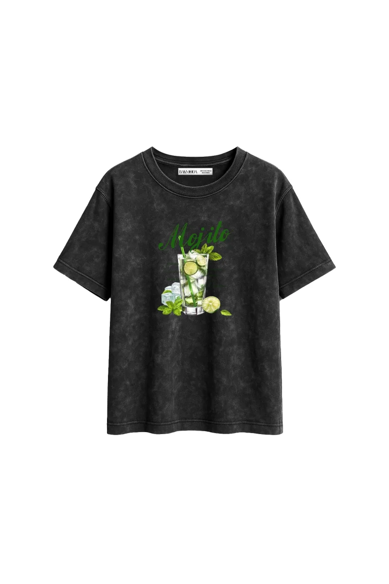 Iced Mojito Baskılı Relaxed Fit Yıkamalı Siyah Kadın Tshirt