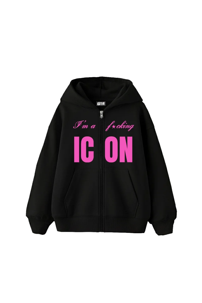 ICON Baskılı Fermuarlı Zip Kapüşonlu Unisex Siyah Sweatshirt